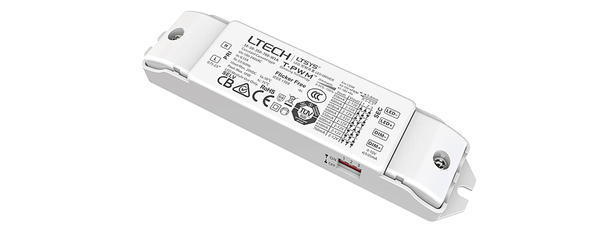 SE-10-350-700-W1A  LED Intelligent Driver, 0-10V/1-10V/10V PWM/RX, 0-100% Dim, ConstantVoltage 10W 2-12Vdc, 350-700mA, 100-240Vac, IP20.